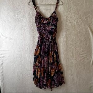 BCBGMaxAzria 100% Silk Purple Floral Y2K Spaghetti Strap Tiered Flowy Dress